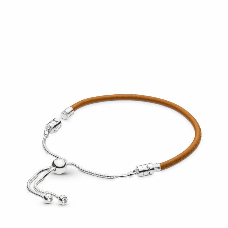 Pandora Sliding Golden Tan Leather Bracelet - Sterling Silver/Leather/Brown/Cubic Zirconia - Canada